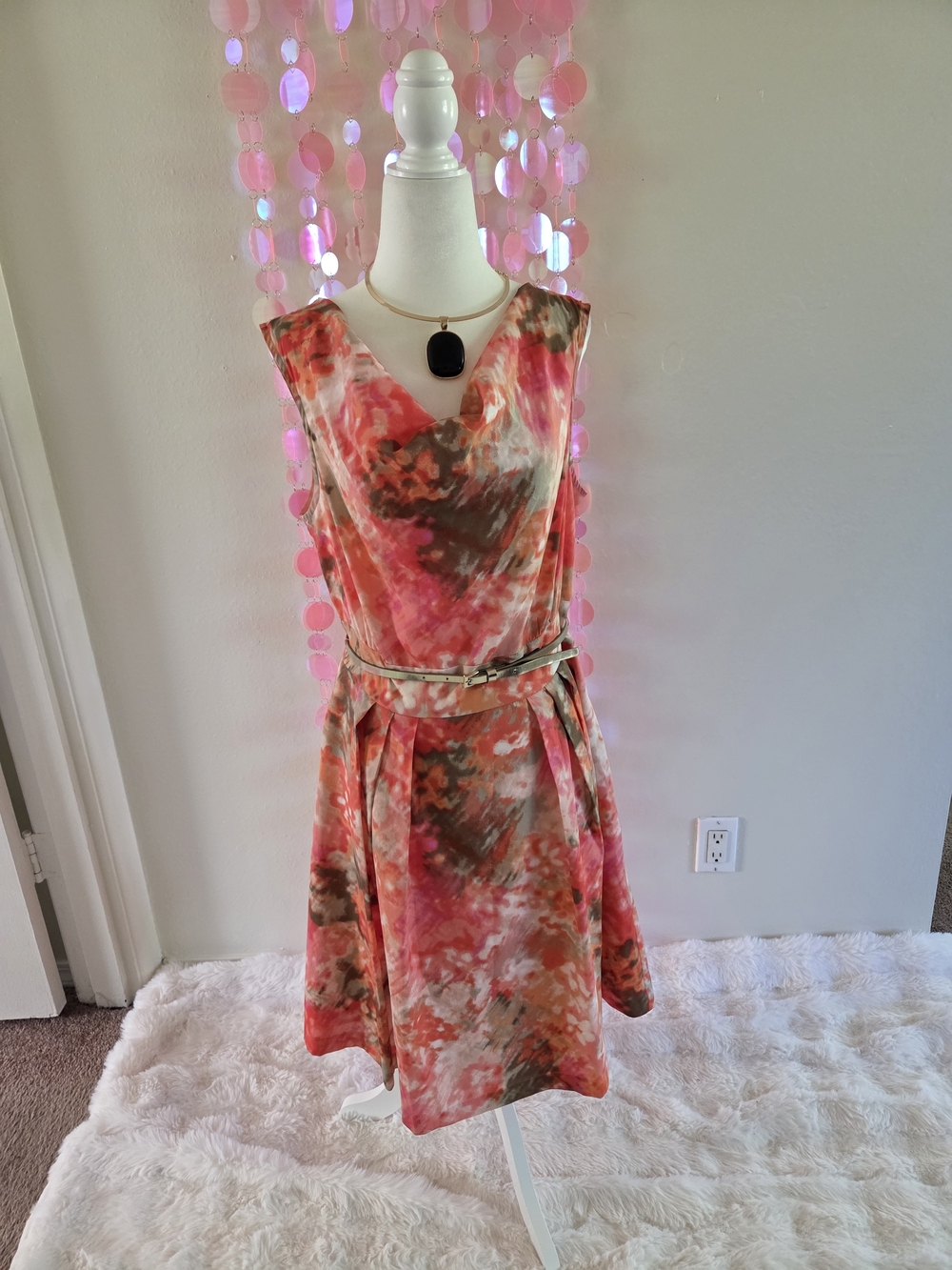 Sleeveless Pink & Brown Watercolor A-Line Dress